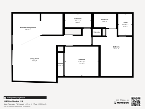 A floor plan of a property with a living room, two bedrooms, a bathroom, a kitchen, a dining room, and a closet.